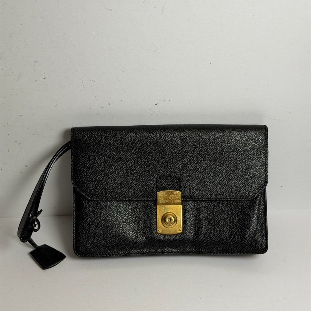 Vintage Givenchy Gentleman Black PebblLeather Pochette Clutch Wristlet Push Lock